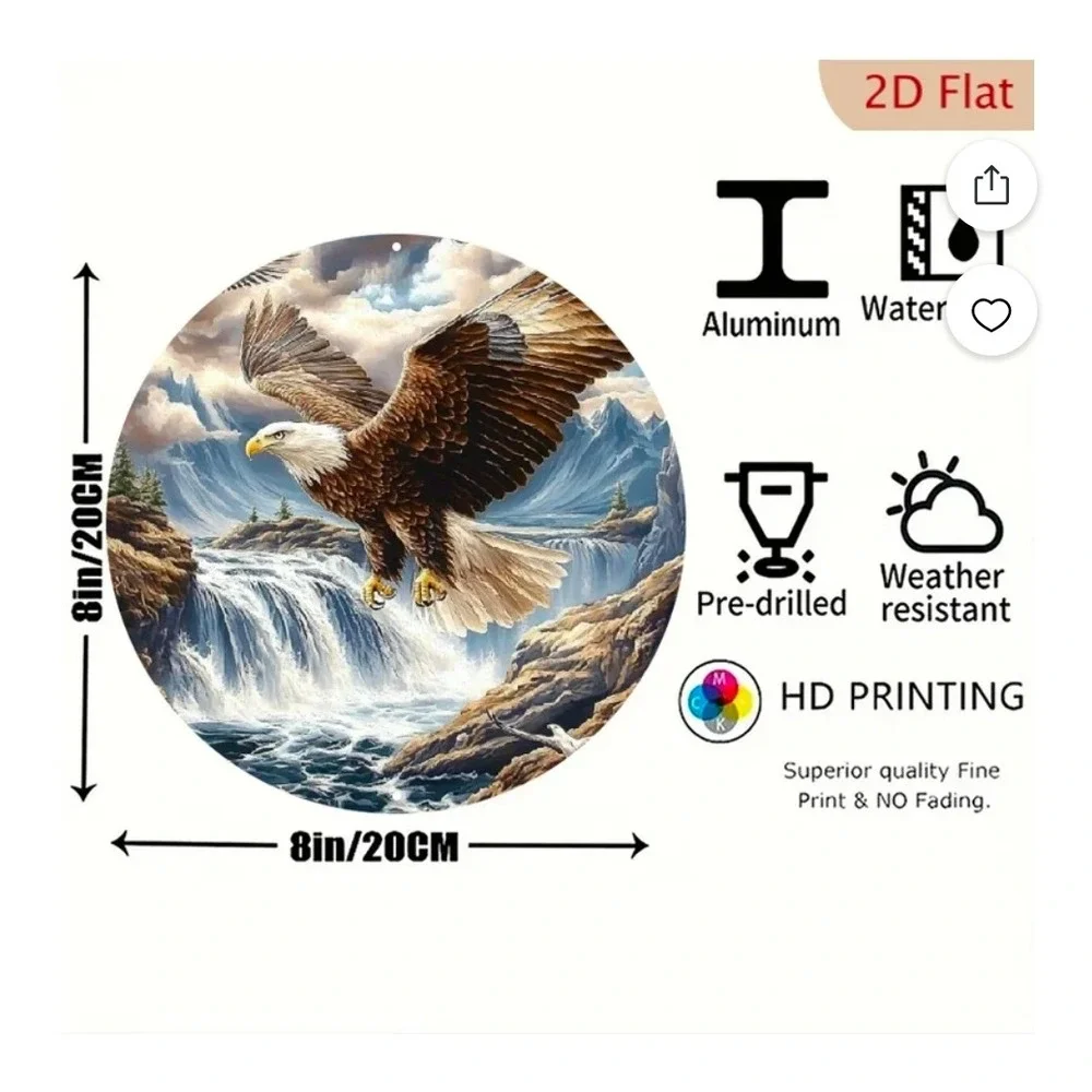 Bald‎ Eagle Round Aluminum Metal Wall Art Sign Waterfall Mountain Decor 8 Inch *